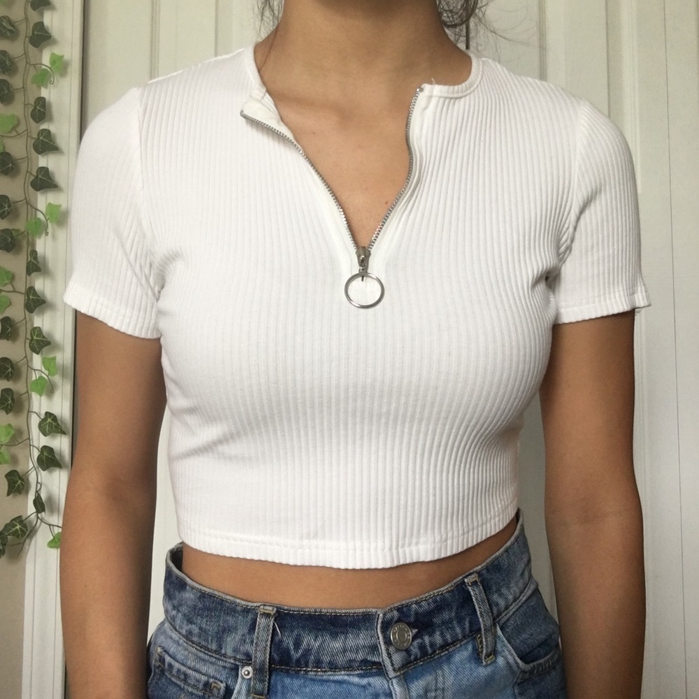 White zipper front crop top